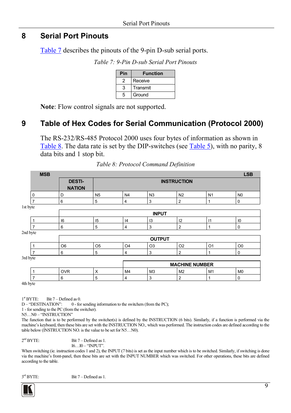 8 serial port pinouts, Serial port pinouts, Table 7: 9-pin d-sub serial port pinouts | Table 8: protocol command definition, On 8, 8serial port pinouts | Kramer Electronics VP-14xl User Manual | Page 11 / 14