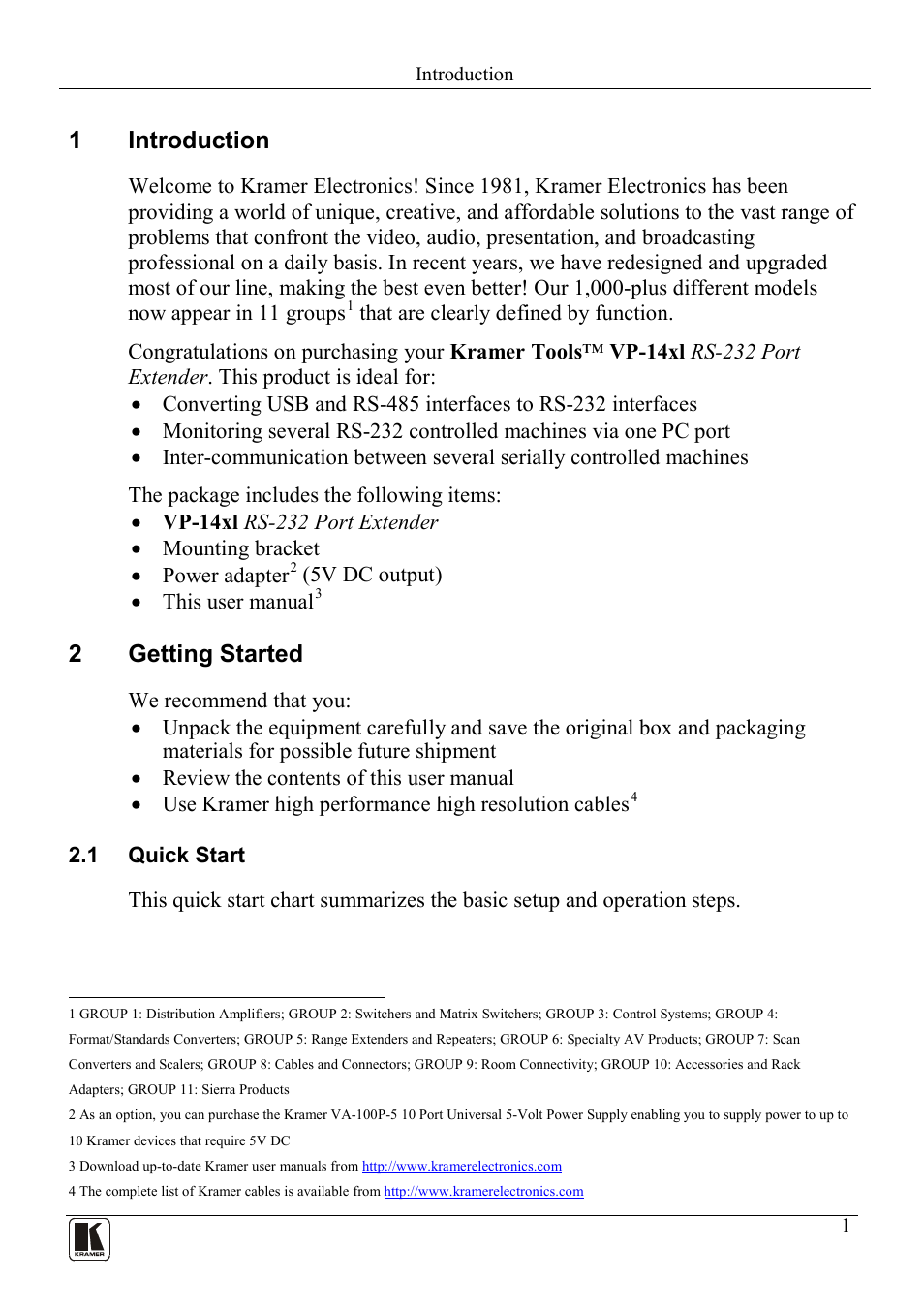 1 introduction, 2 getting started, 1 quick start | Introduction, Getting started, Quick start, 1introduction, 2getting started | Kramer Electronics VP-14xl User Manual | Page 3 / 14