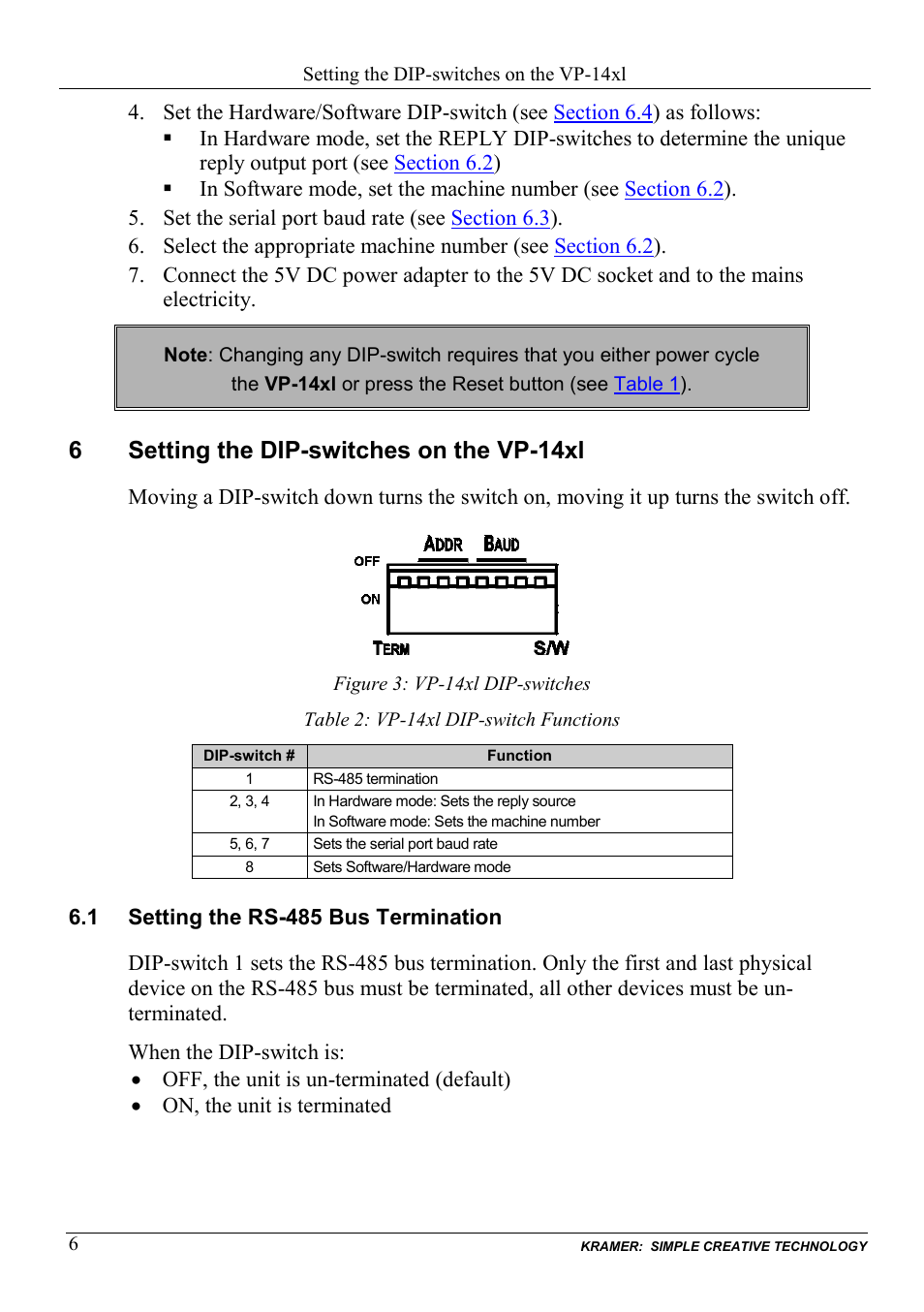 6 setting the dip-switches on the vp-14xl, 1 setting the rs-485 bus termination, Setting the dip-switches on the vp-14xl | Setting the rs-485 bus termination, Figure 3: vp-14xl, Dip-switches, Table 2: vp-14xl, Dip-switch functions, On 6.1, 6setting the dip-switches on the vp-14xl | Kramer Electronics VP-14xl User Manual | Page 8 / 14