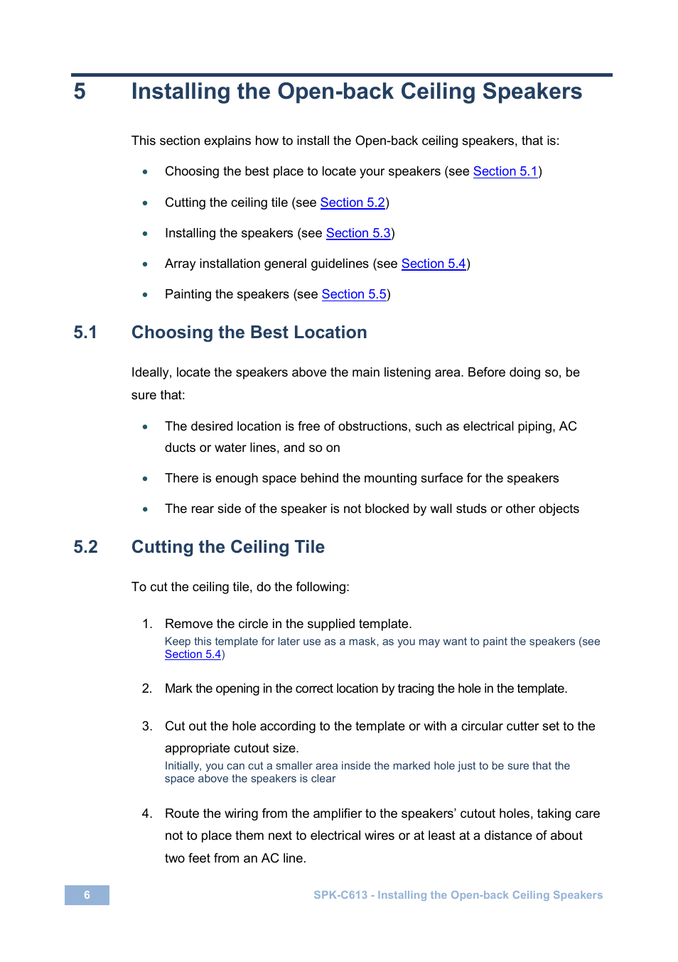 5 installing the open-back ceiling speakers, 1 choosing the best location, 2 cutting the ceiling tile | Installing the open-back ceiling speakers, Choosing the best location, Cutting the ceiling tile, 5installing the open-back ceiling speakers | Kramer Electronics Galil 6-CO User Manual | Page 10 / 20