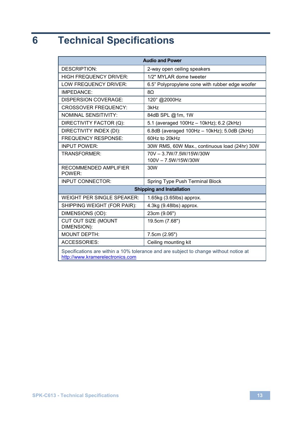6 technical specifications, Technical specifications, 6technical specifications | Kramer Electronics Galil 6-CO User Manual | Page 17 / 20