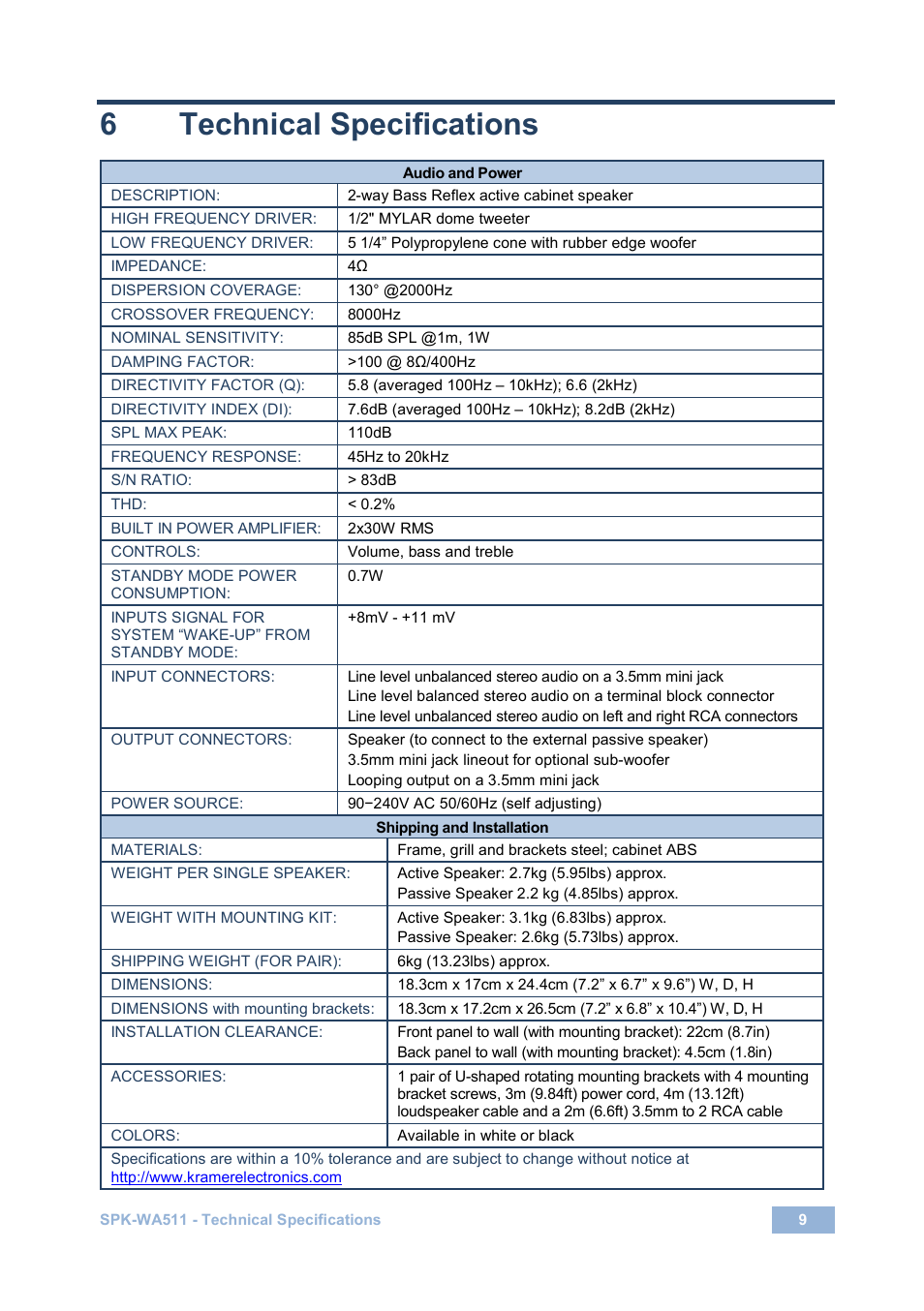 6 technical specifications, Technical specifications, 6technical specifications | Kramer Electronics Tavor 5-O User Manual | Page 13 / 16