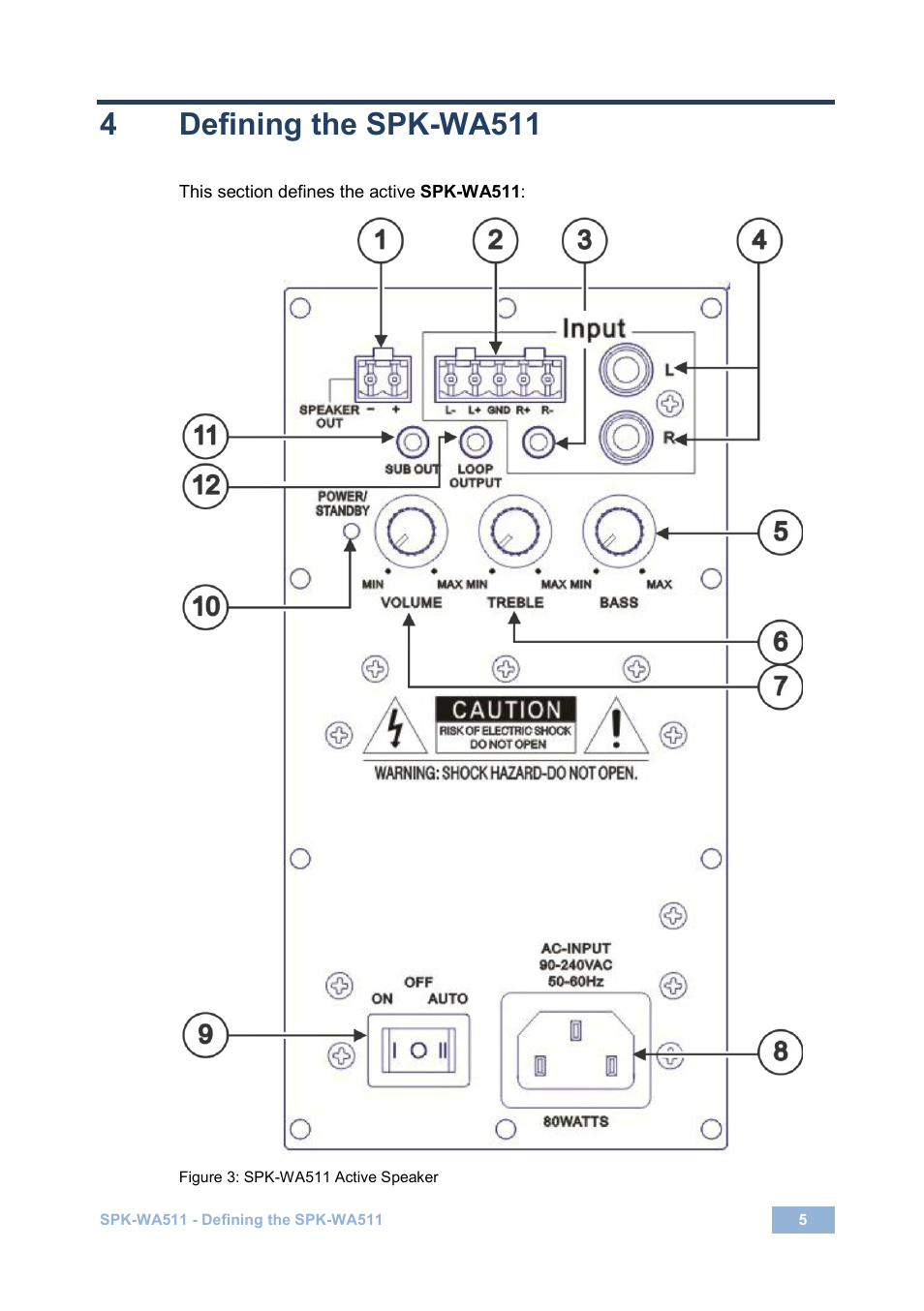 4 defining the spk-wa511, Defining the spk-wa511, Figure 3: spk-wa511 active speaker | 4defining the spk-wa511 | Kramer Electronics Tavor 5-O User Manual | Page 9 / 16