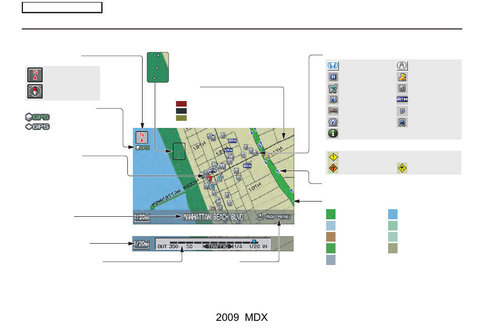 Getting started, 2009 mdx, Map screen legend | Acura 2009 MDX User Manual | Page 20 / 174