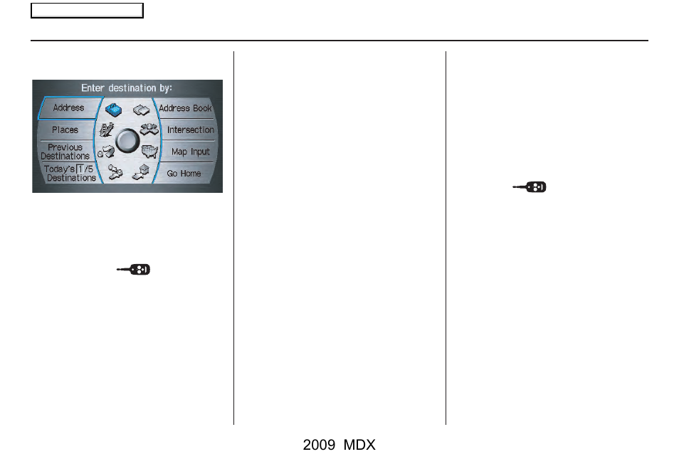 Entering a destination, 2009 mdx | Acura 2009 MDX User Manual | Page 27 / 174