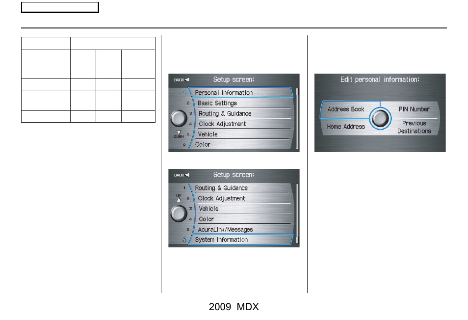 System setup, 2009 mdx | Acura 2009 MDX User Manual | Page 85 / 174