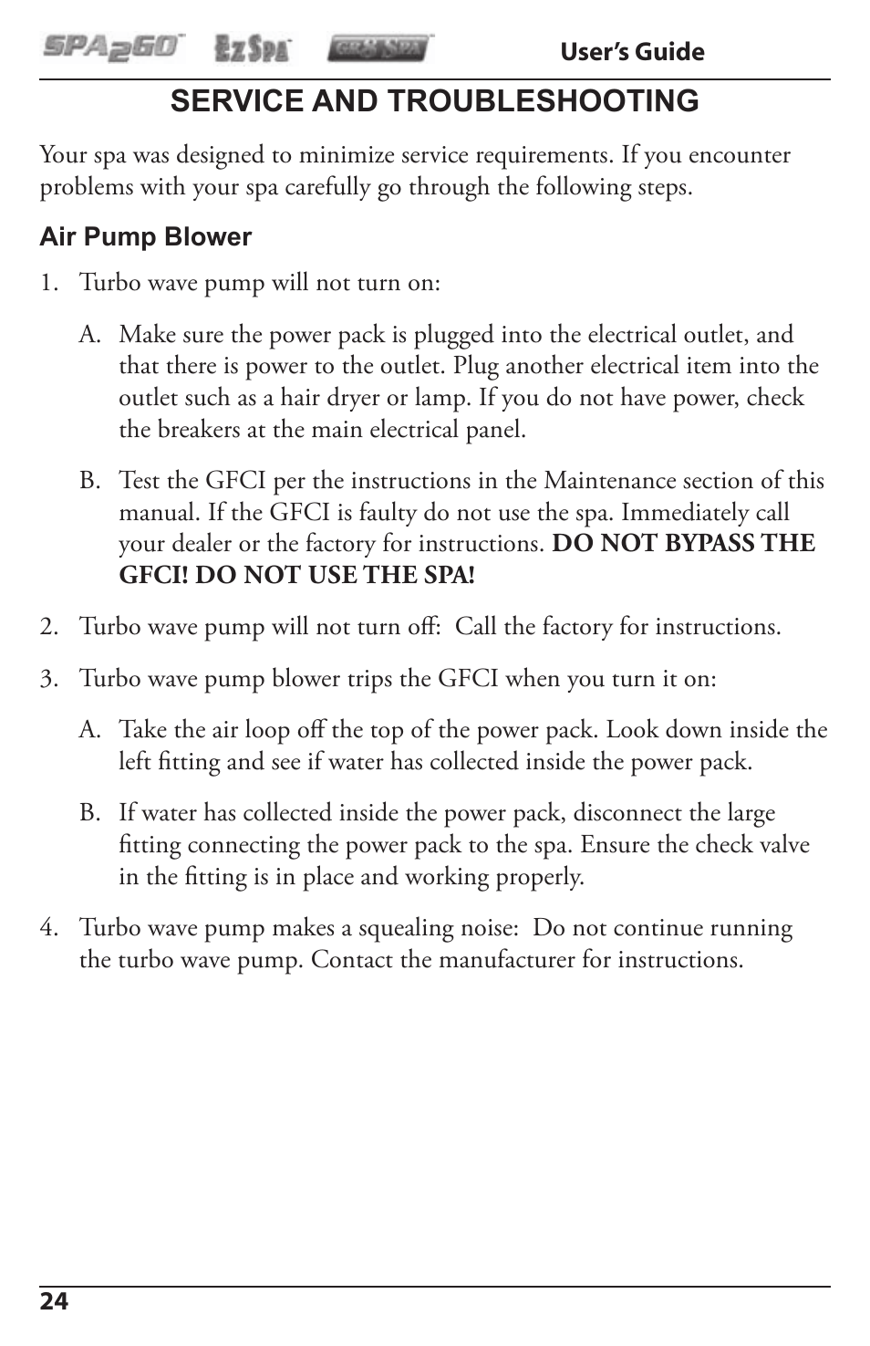 Service and troubleshooting | Activeforever Spa2Go STG-1 User Manual | Page 24 / 28