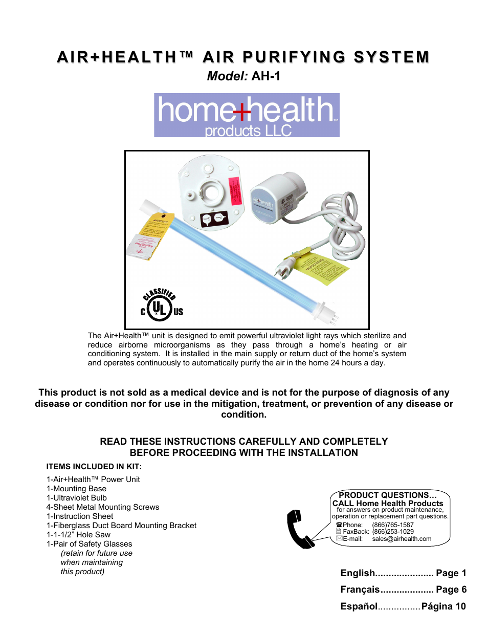 Air Health Air+Health AH-1 User Manual | 16 pages