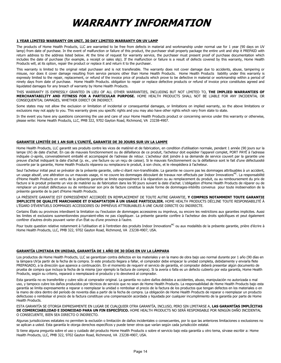 Warranty information | Air Health Air+Health AH-1 User Manual | Page 14 / 16
