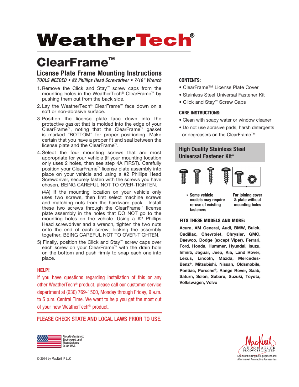 WeatherTech License Plate Frames User Manual | 1 page