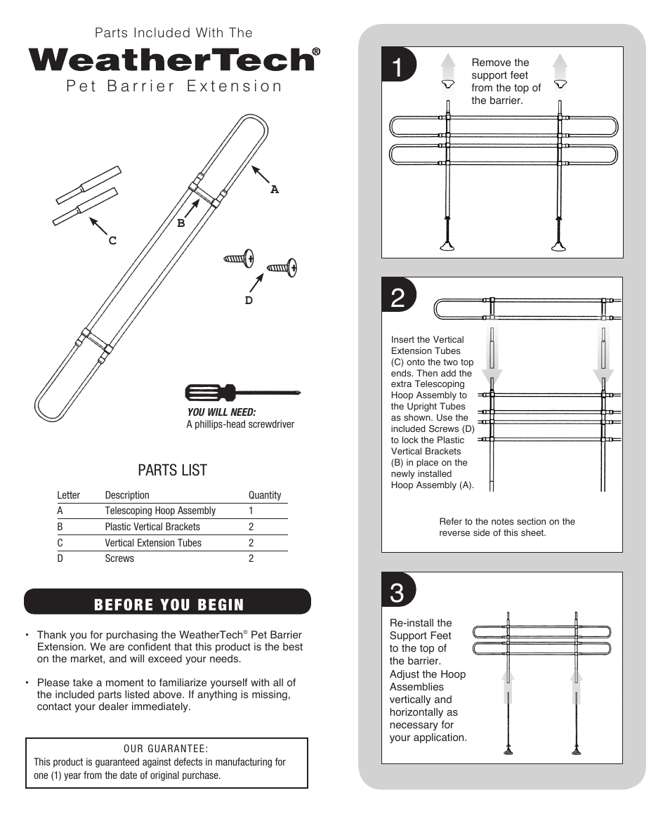 Before you begin, Parts list | WeatherTech Pet Barrier User Manual | Page 2 / 3