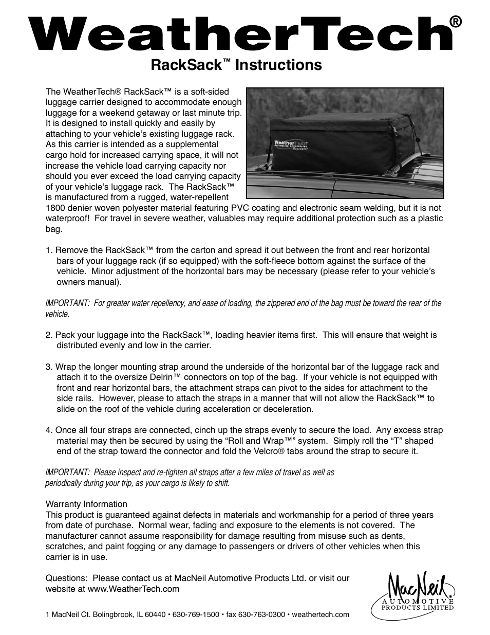 WeatherTech RackSack Rooftop Cargo Carrier User Manual | 1 page