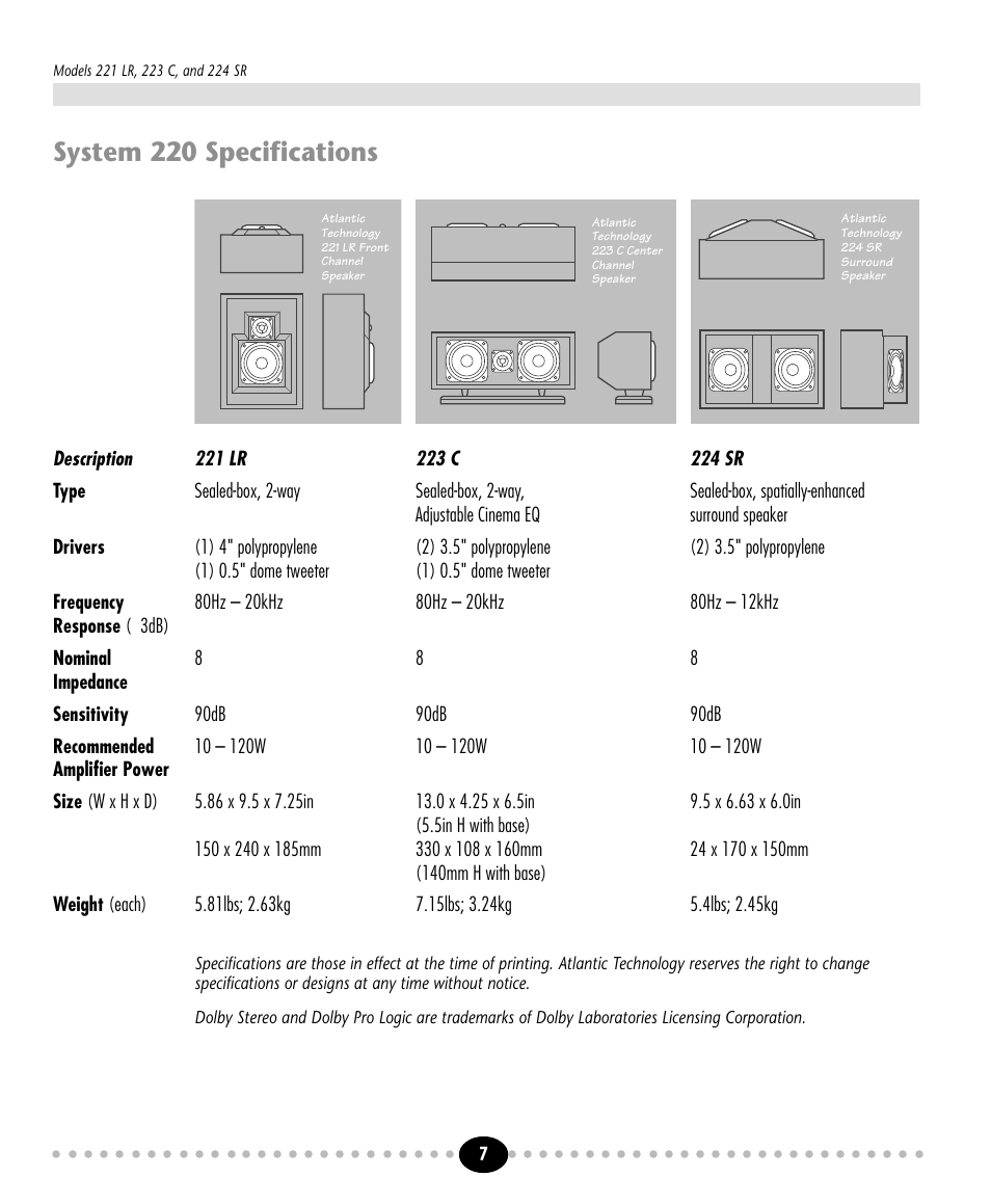 Tlantic, System 220 specifications | Atlantic Technology 221 LR User Manual | Page 7 / 8