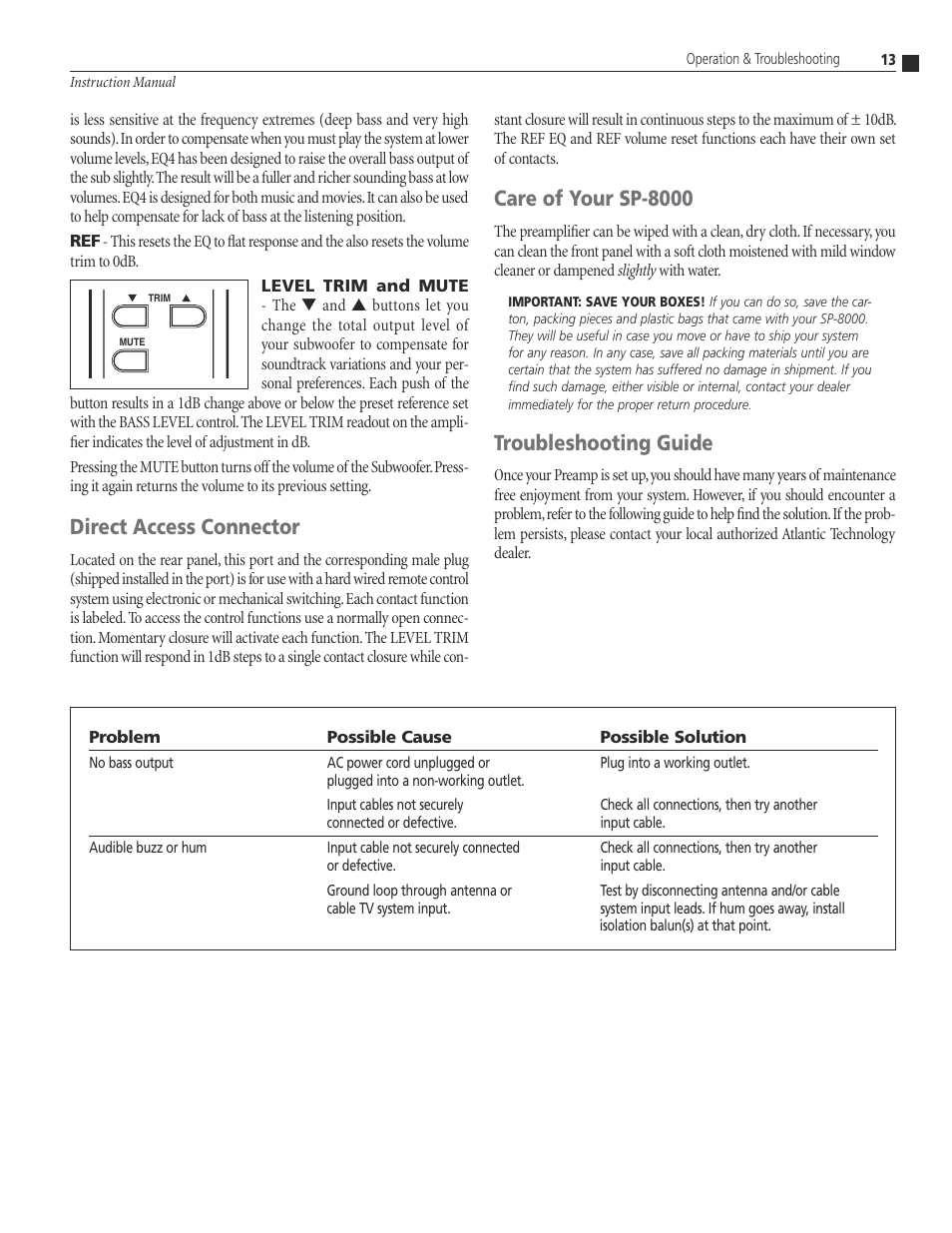 17 direct access connec, 17 care and feeding of your pedwoofer sys, 17 pedwoofer troubleshooting gu | Direct access connector 13, Care of your sp-8000 system 13, Troubleshooting guide, Direct access connector, Care of your sp-8000 | Atlantic Technology SP-8000 User Manual | Page 13 / 16