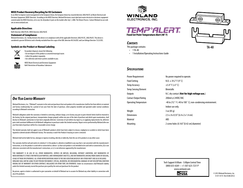 Winland Electronics TA-40 User Manual | 4 pages