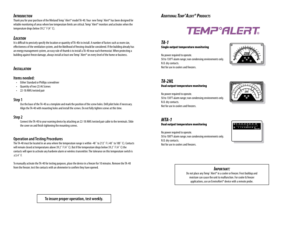 Ta-1, Ta-2hl, Mta-1 | Winland Electronics TA-40 User Manual | Page 3 / 4