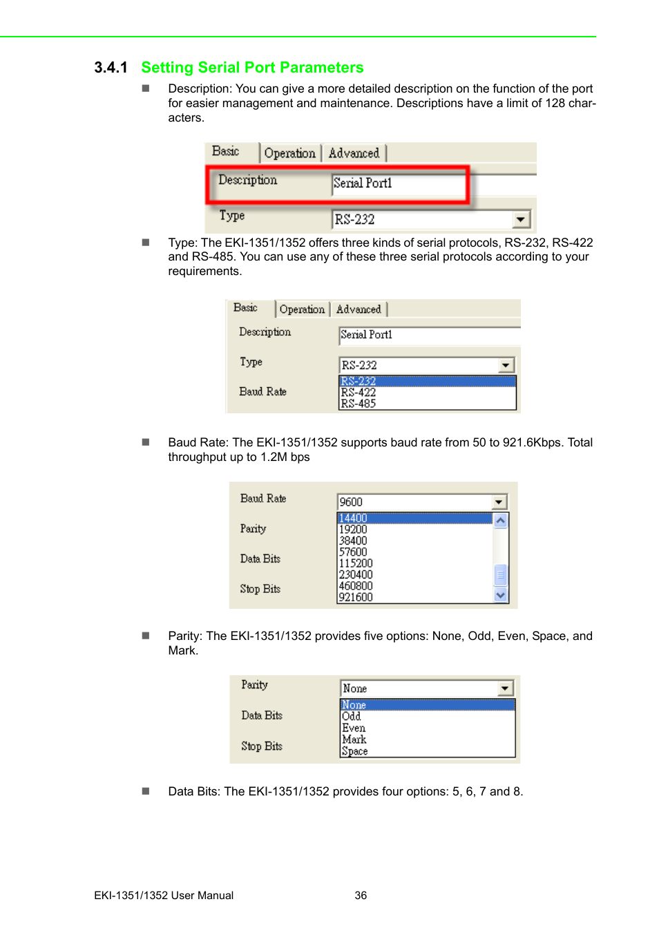 1 setting serial port parameters, Setting serial port parameters | Advantech EKI-1351 User Manual | Page 42 / 76
