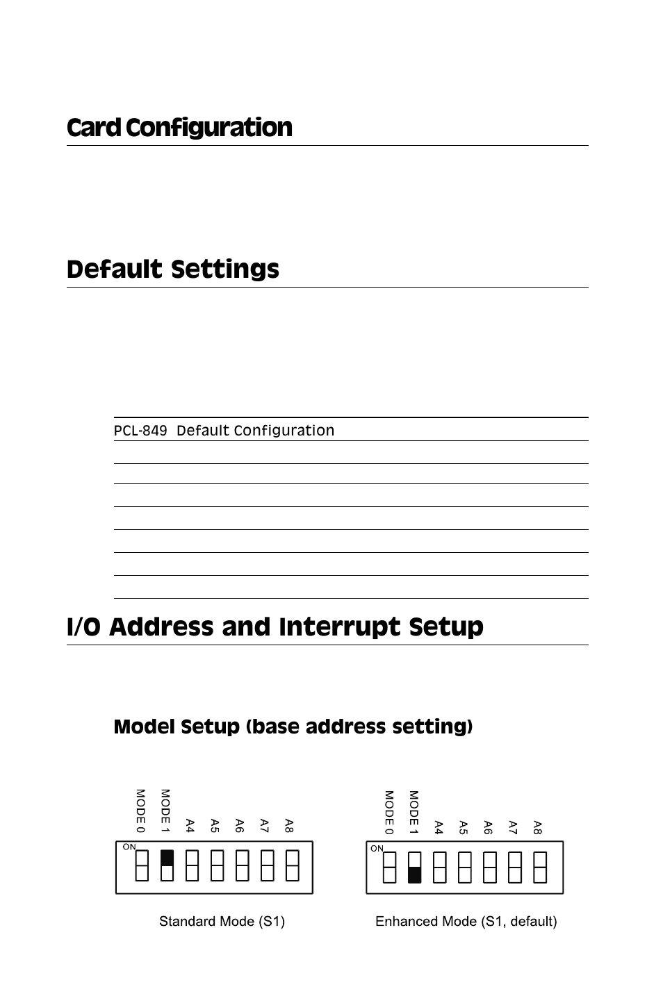 Card installation, Card configuration, Default settings | I/o address and interrupt setup | Advantech 4-Port RS-232 Interface card PCL-849 User Manual | Page 13 / 33