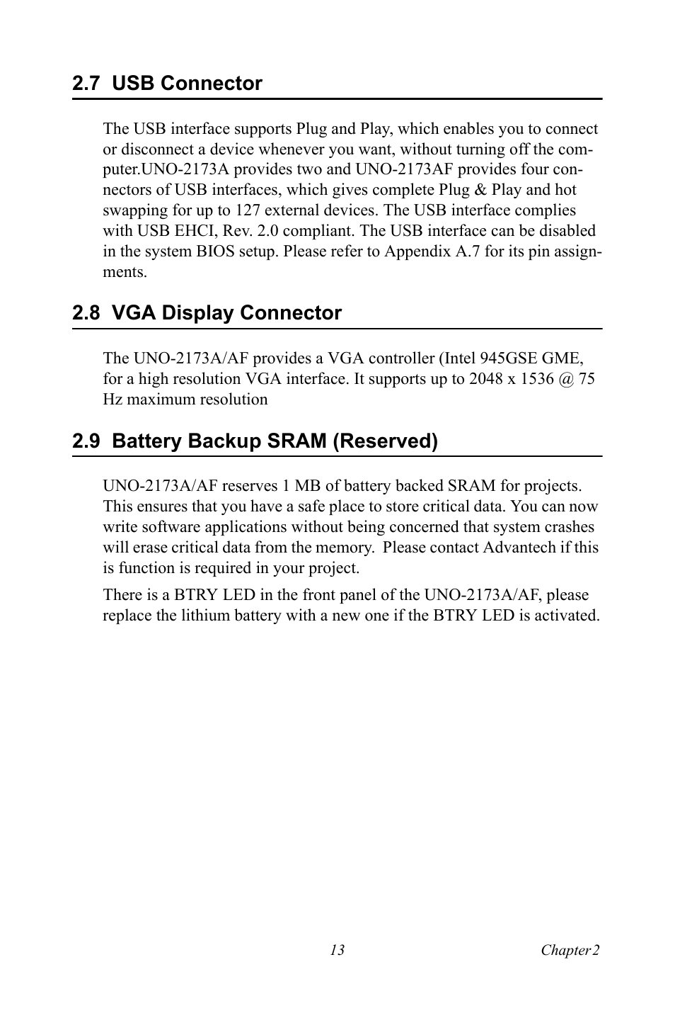 7 usb connector, 8 vga display connector, 9 battery backup sram (reserved) | Usb connector, Vga display connector, Battery backup sram (reserved) | Advantech UNO 2173A/AF User Manual | Page 21 / 42