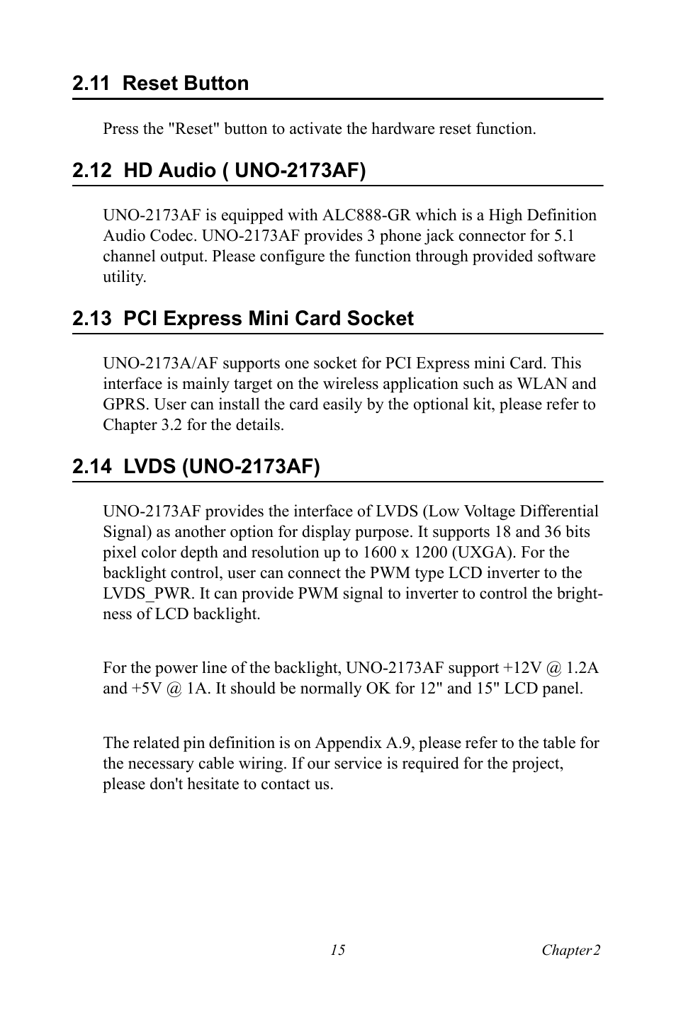 11 reset button, 12 hd audio ( uno-2173af), 13 pci express mini card socket | 14 lvds (uno-2173af), Reset button, Hd audio ( uno-2173af), Pci express mini card socket, Lvds (uno-2173af) | Advantech UNO 2173A/AF User Manual | Page 23 / 42