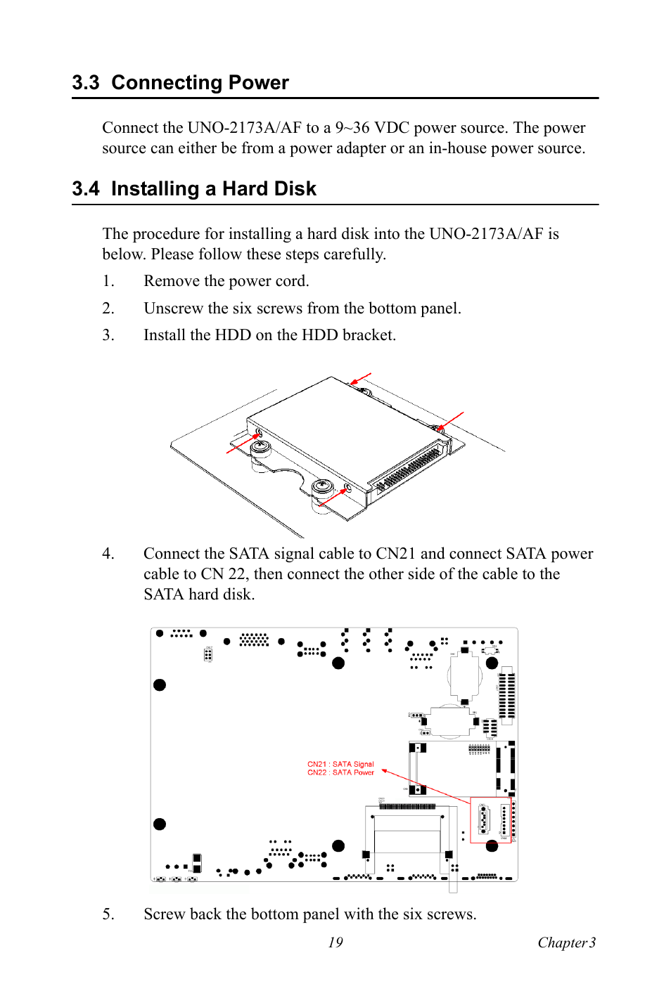 3 connecting power, 4 installing a hard disk, Connecting power | Installing a hard disk | Advantech UNO 2173A/AF User Manual | Page 27 / 42