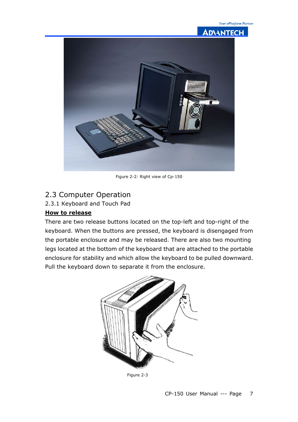 3 computer operation, 1 keyboard and touch pad | Advantech COMPACTPCI CP-150 User Manual | Page 16 / 54