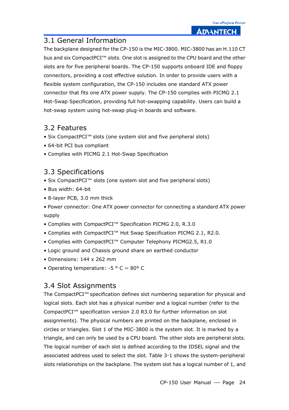 1 general information, 2 features, 3 specifications | 4 slot assignments | Advantech COMPACTPCI CP-150 User Manual | Page 33 / 54