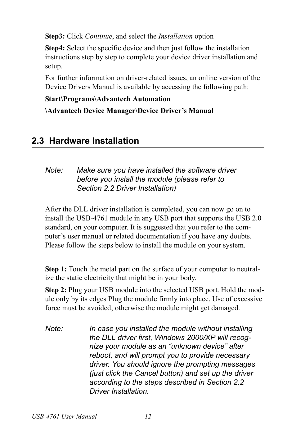 3 hardware installation, Hardware installation | Advantech Network Device USB-4761 User Manual | Page 18 / 38