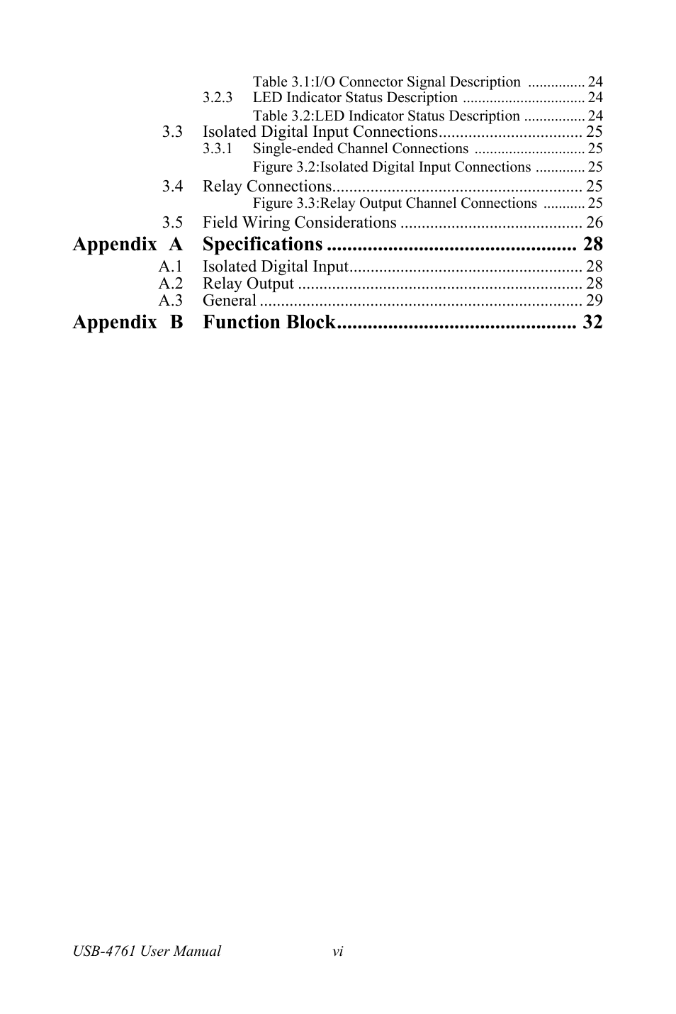 Appendix a specifications, Appendix b function block | Advantech Network Device USB-4761 User Manual | Page 6 / 38