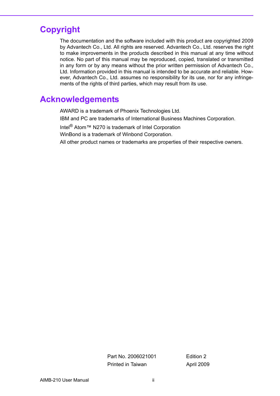 Copyright, Acknowledgements | Advantech INTEL AIMB-210 User Manual | Page 2 / 96