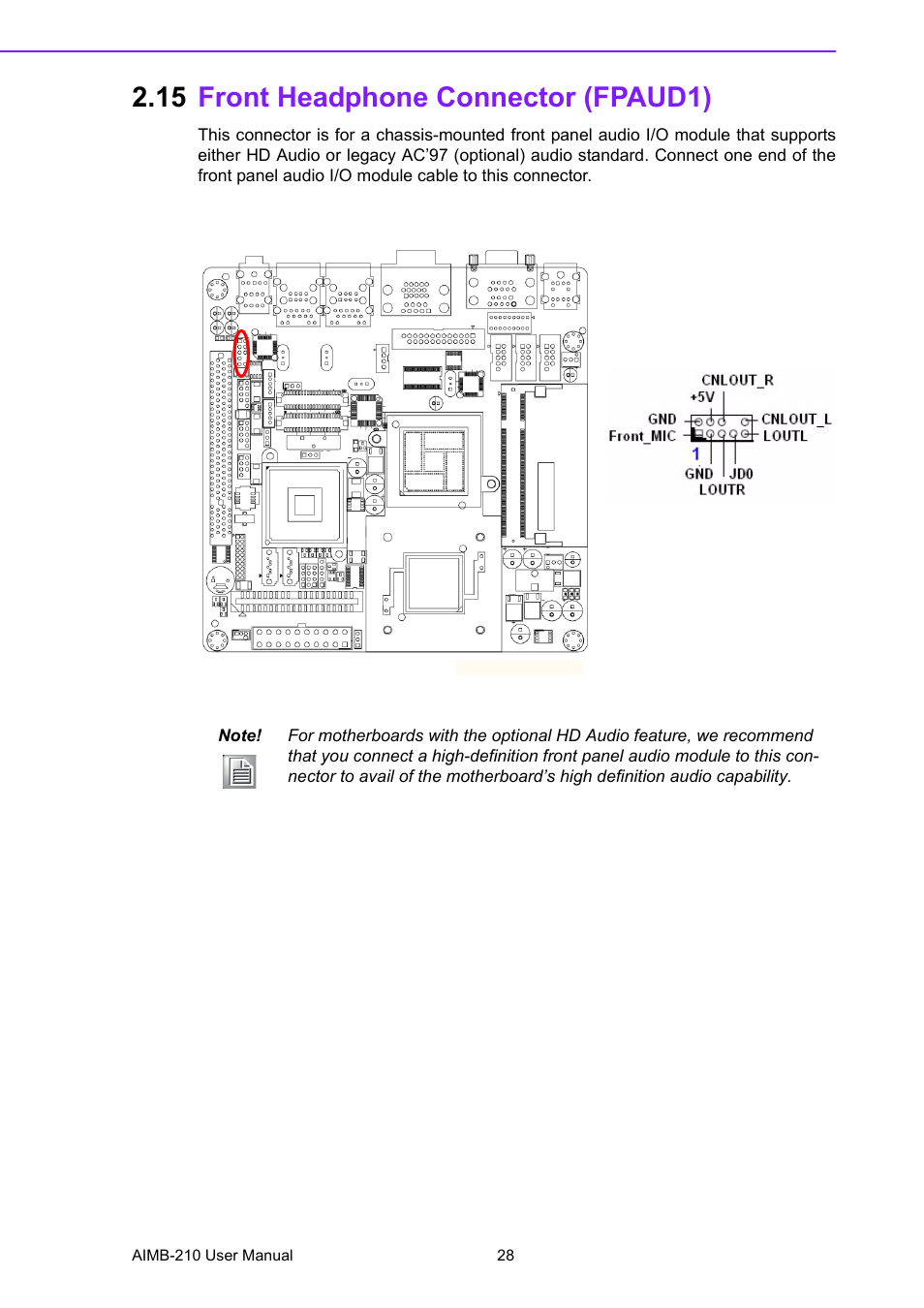 15 front headphone connector (fpaud1), Front headphone connector (fpaud1) | Advantech INTEL AIMB-210 User Manual | Page 40 / 96