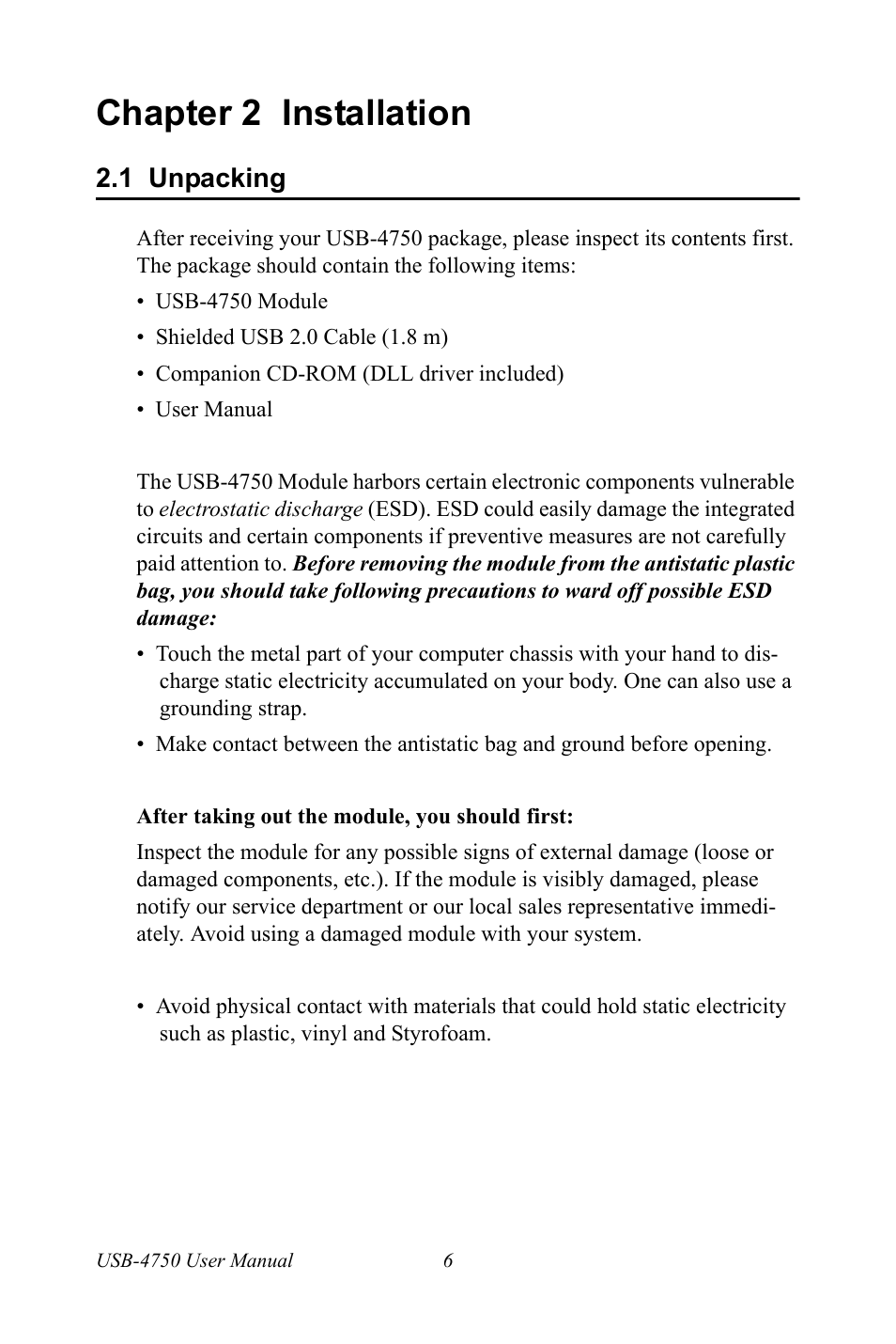 Chapter 2 installation, 1 unpacking, Chapter | 2 installation, Unpacking | Advantech USB-4750 User Manual | Page 12 / 24