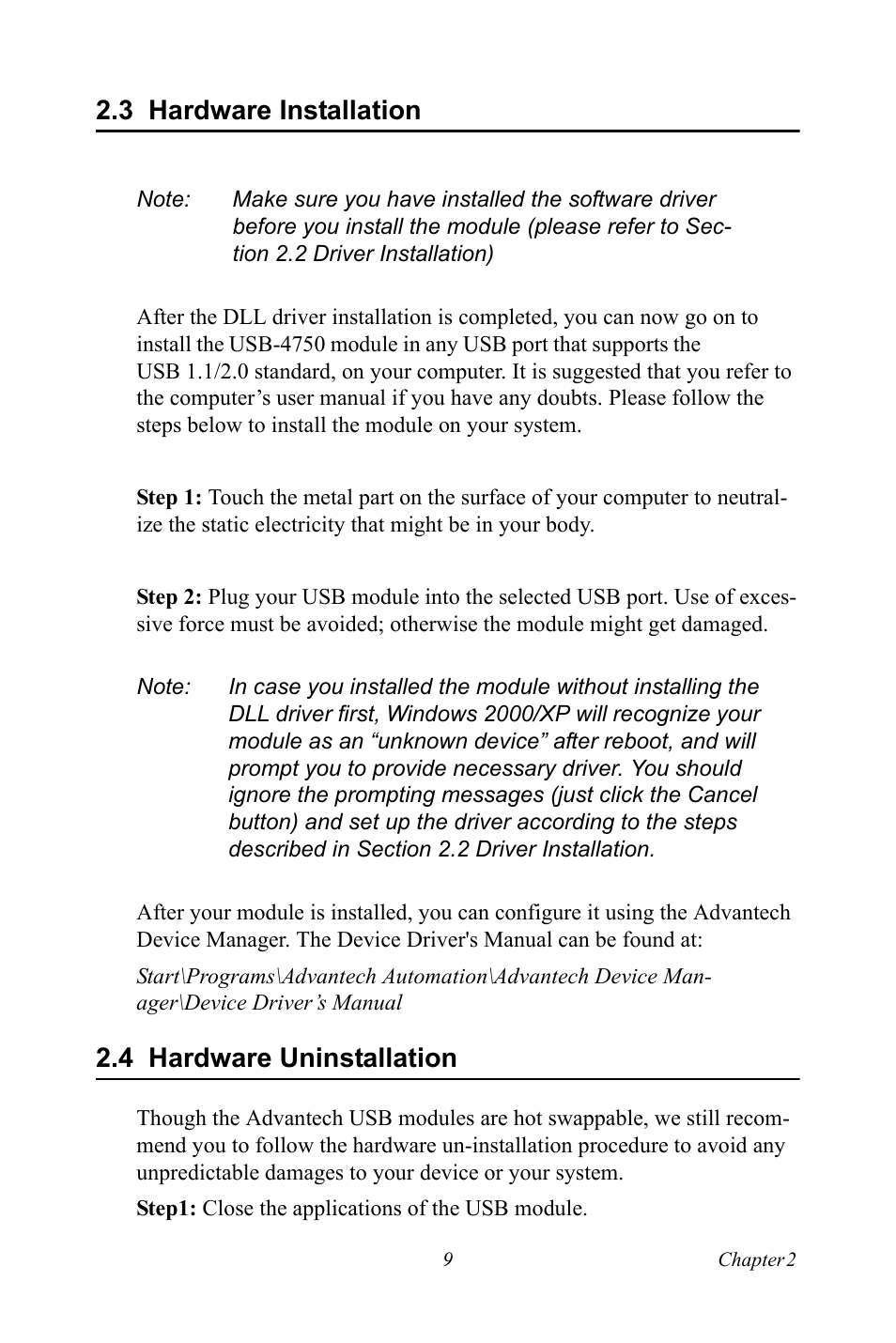 3 hardware installation, 4 hardware uninstallation, Hardware installation | Hardware uninstallation | Advantech USB-4750 User Manual | Page 15 / 24