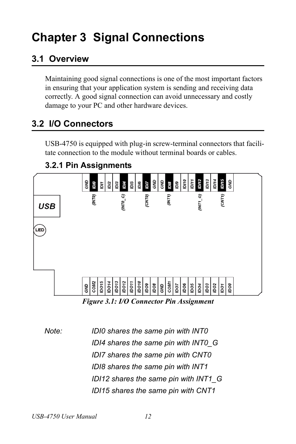 Chapter 3 signal connections, 1 overview, 2 i/o connectors | 1 pin assignments, Figure 3.1: i/o connector pin assignment, Chapter, 3 signal connections, Overview, I/o connectors | Advantech USB-4750 User Manual | Page 18 / 24