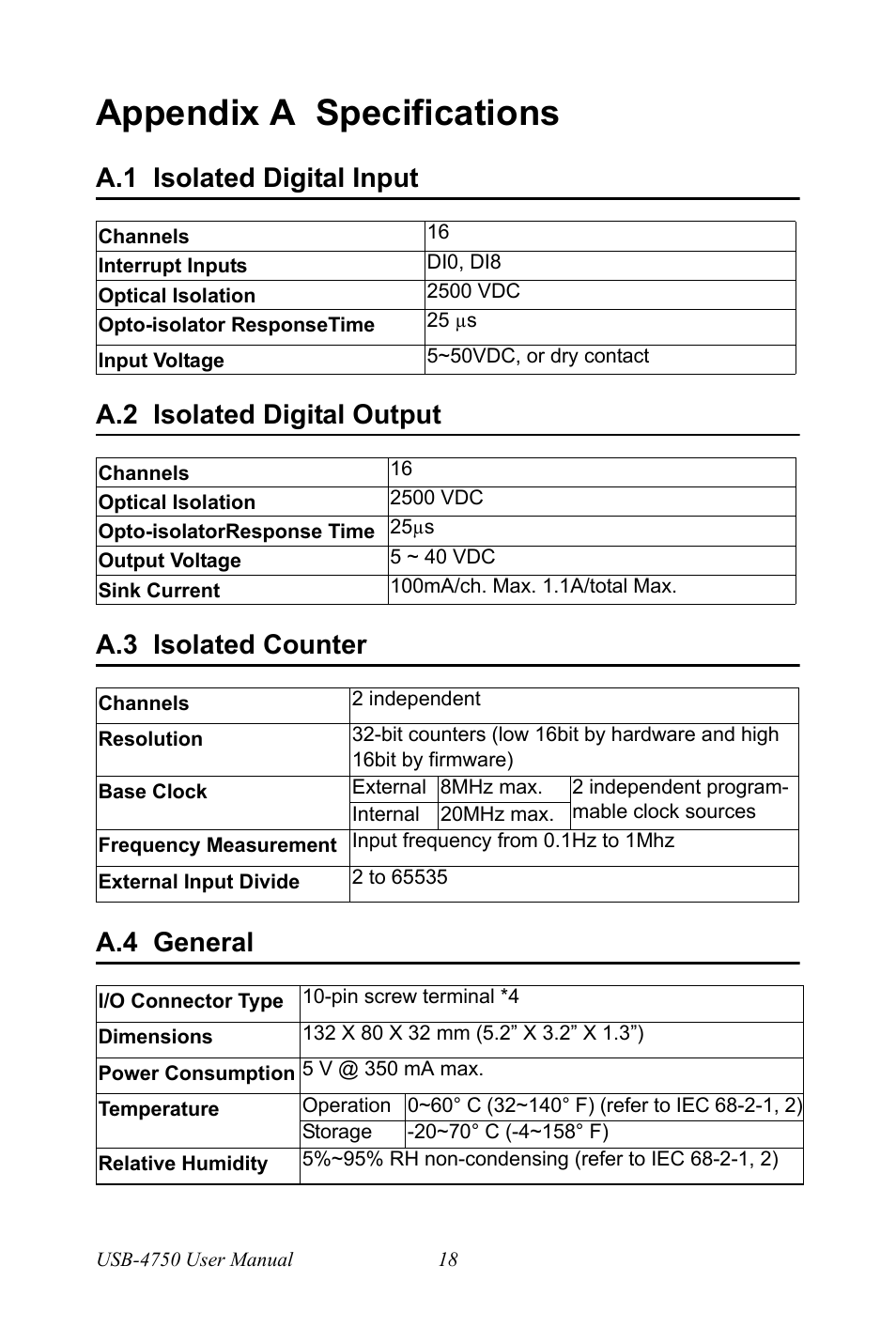 Appendix a specifications, A.1 isolated digital input, A.2 isolated digital output | A.3 isolated counter, A.4 general, Isolated digital input, Isolated digital output, Isolated counter, General | Advantech USB-4750 User Manual | Page 24 / 24