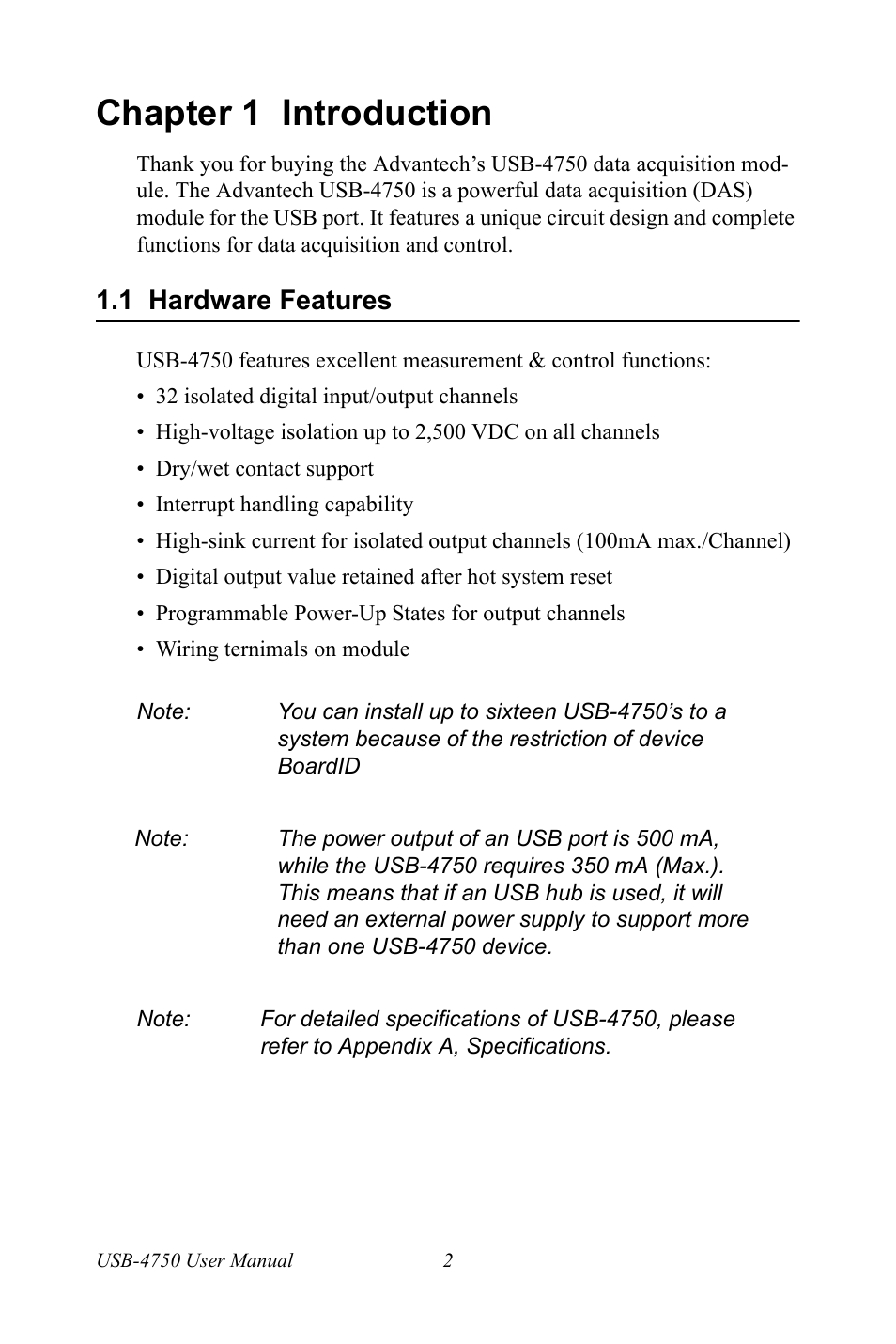 Chapter 1 introduction, 1 hardware features, Chapter | 1 introduction, Hardware features | Advantech USB-4750 User Manual | Page 8 / 24