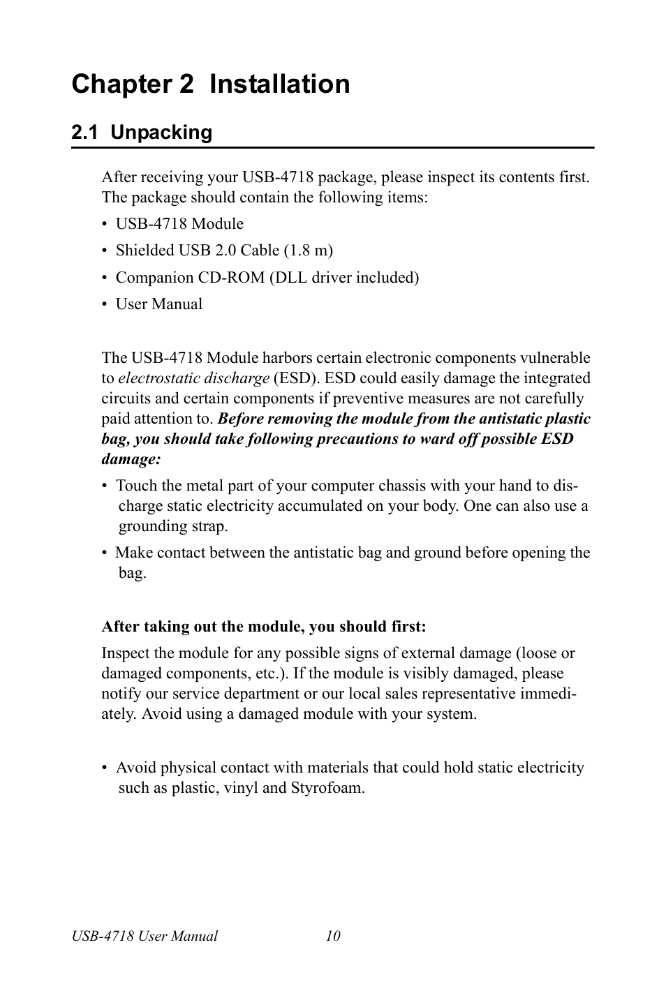 Chapter 2 installation, 1 unpacking, Chapter | 2 installation, Unpacking | Advantech 4718 User Manual | Page 16 / 54