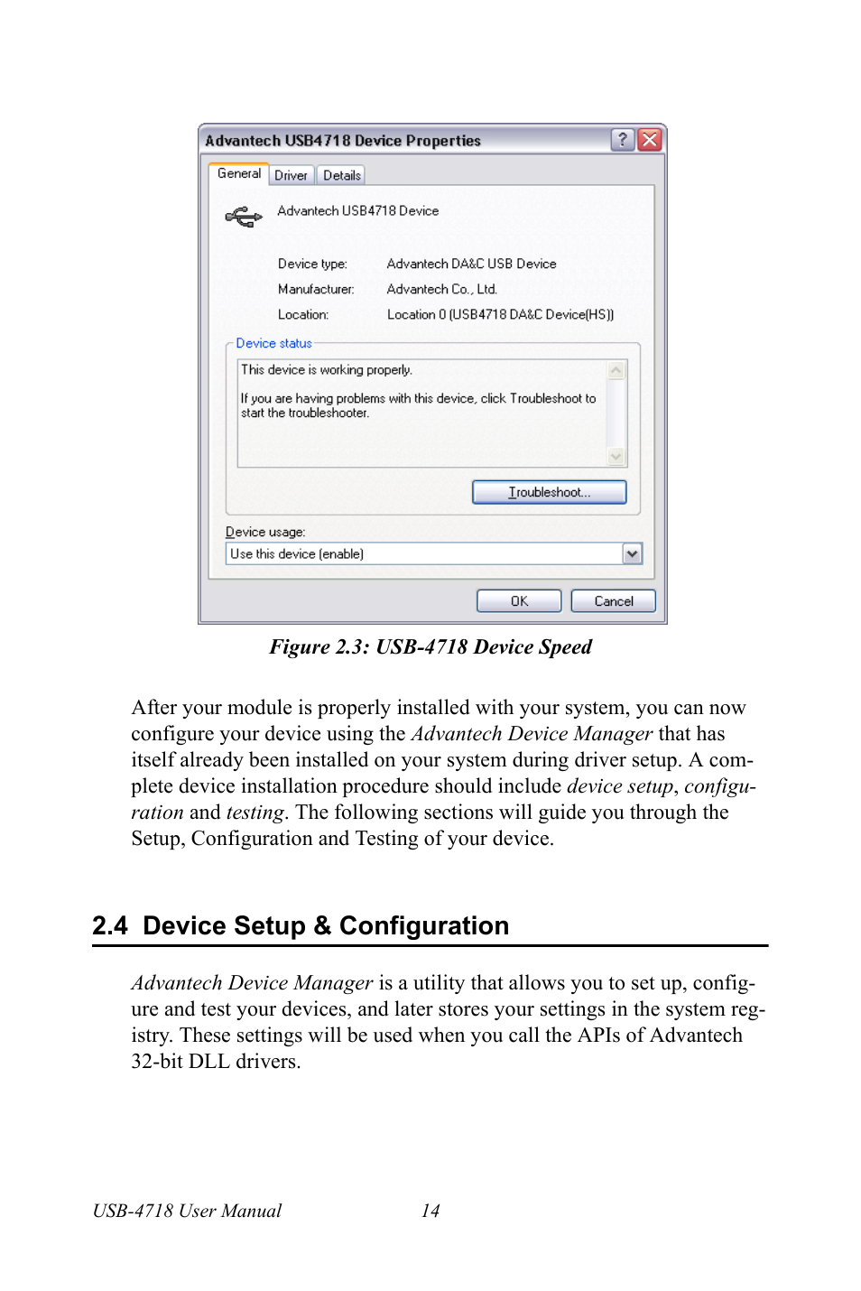 Figure 2.3: usb-4718 device speed, 4 device setup & configuration, Figure 2.3:usb-4718 device speed | Device setup & configuration | Advantech 4718 User Manual | Page 20 / 54