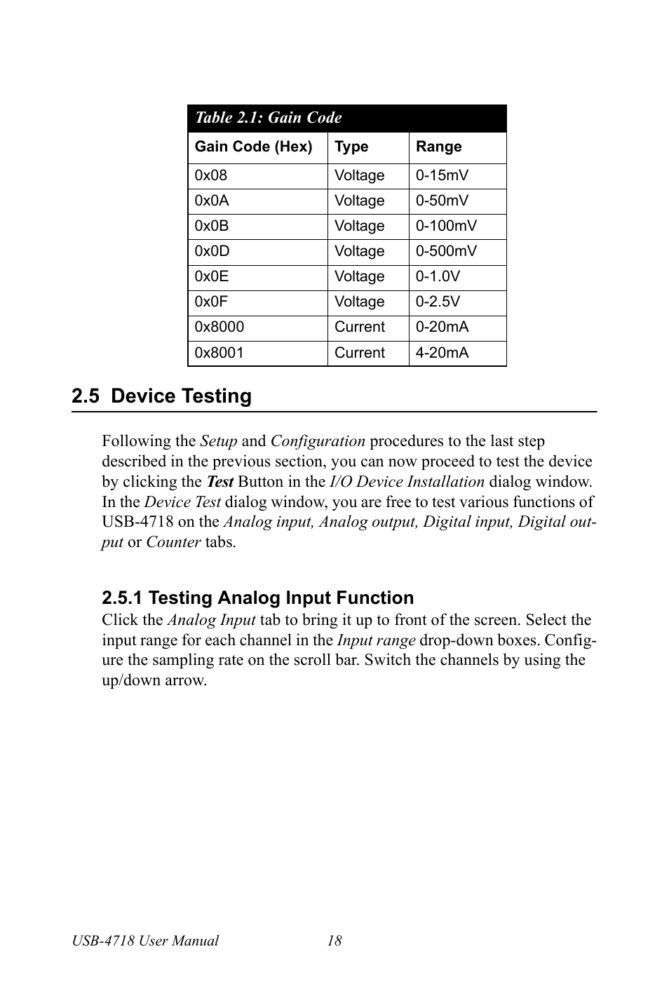 Gain code, 5 device testing, 1 testing analog input function | Device testing, Testing analog input function | Advantech 4718 User Manual | Page 24 / 54