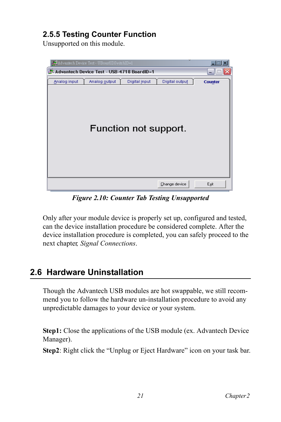 5 testing counter function, Figure 2.10: counter tab testing unsupported, 6 hardware uninstallation | Figure 2.10:counter tab testing unsupported, Hardware uninstallation | Advantech 4718 User Manual | Page 27 / 54