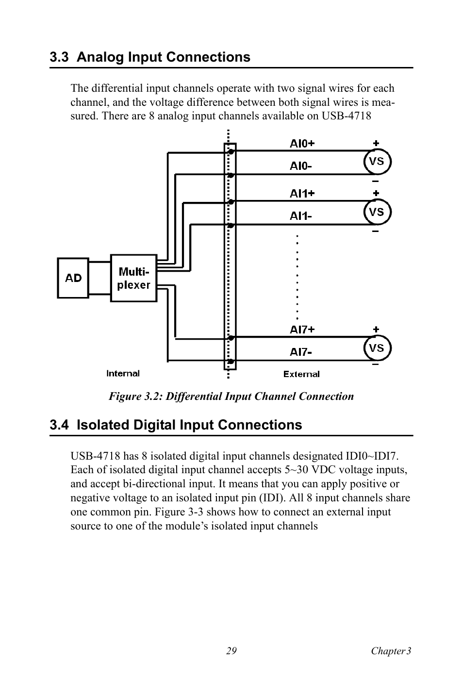 3 analog input connections, Figure 3.2: differential input channel connection, 4 isolated digital input connections | Figure 3.2:single-ended input channel connection, Isolated digital input connections | Advantech 4718 User Manual | Page 35 / 54