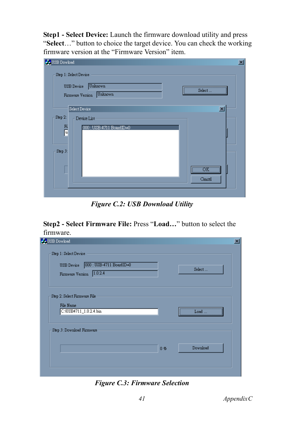 Figure c.2: usb download utility, Figure c.3: firmware selection | Advantech 4718 User Manual | Page 47 / 54