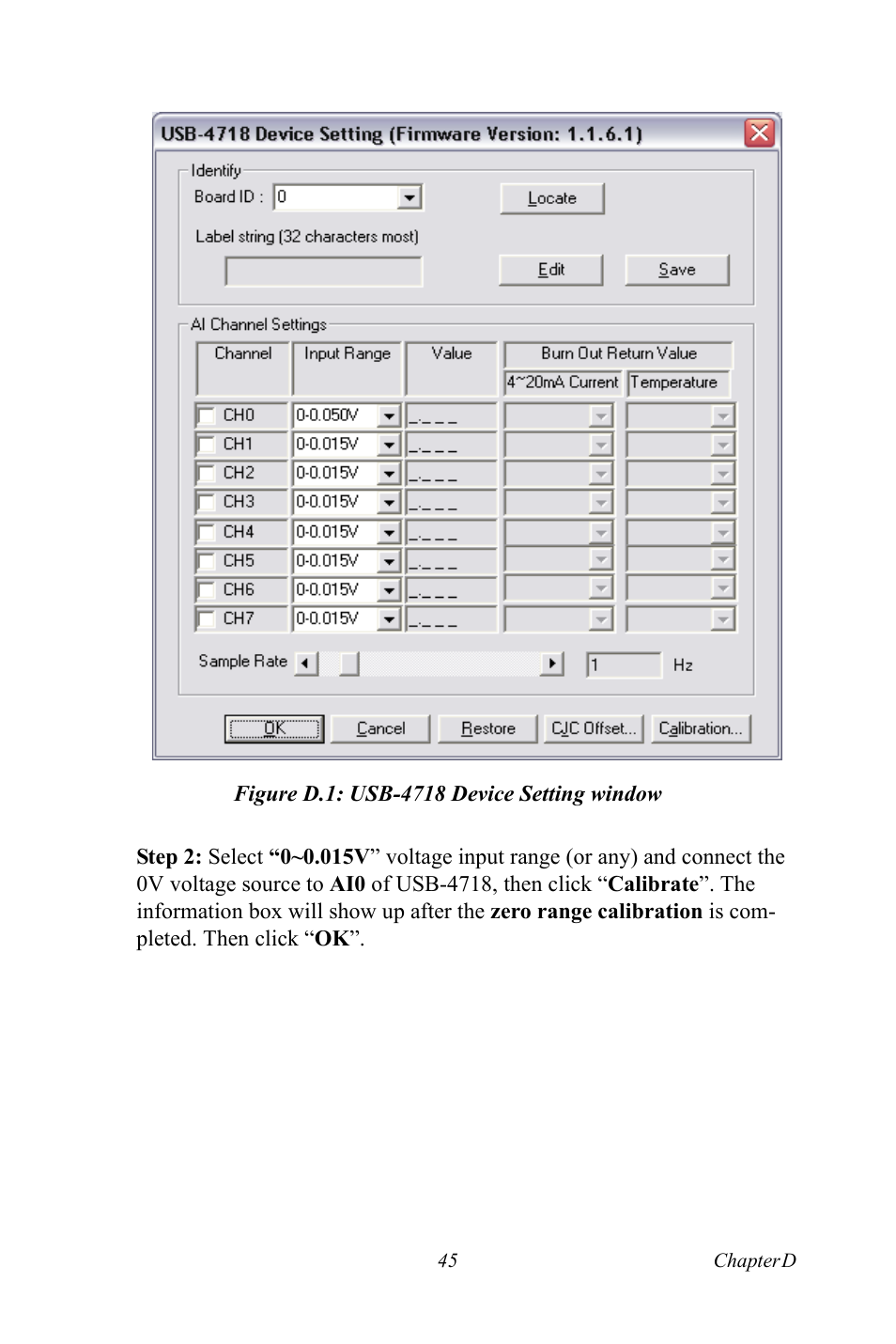 Figure d.1: usb-4718 device setting window | Advantech 4718 User Manual | Page 51 / 54