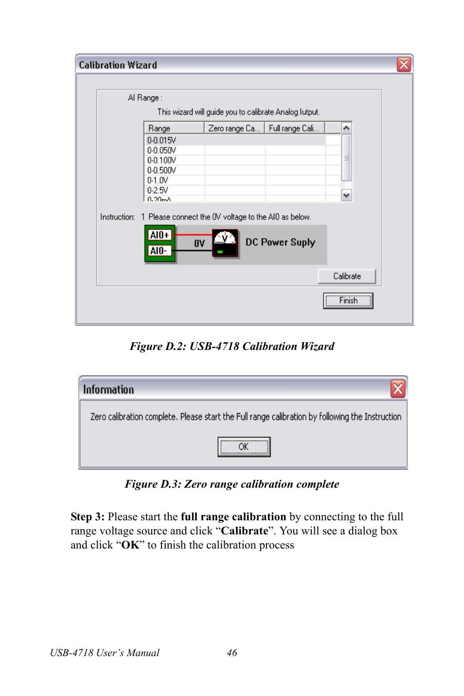 Figure d.2: usb-4718 calibration wizard, Figure d.3: zero range calibration complete | Advantech 4718 User Manual | Page 52 / 54