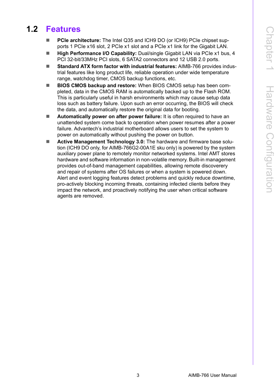 2 features, Features, Chapter 1 h ardware c onfiguration | Advantech AIMB-766 User Manual | Page 15 / 118