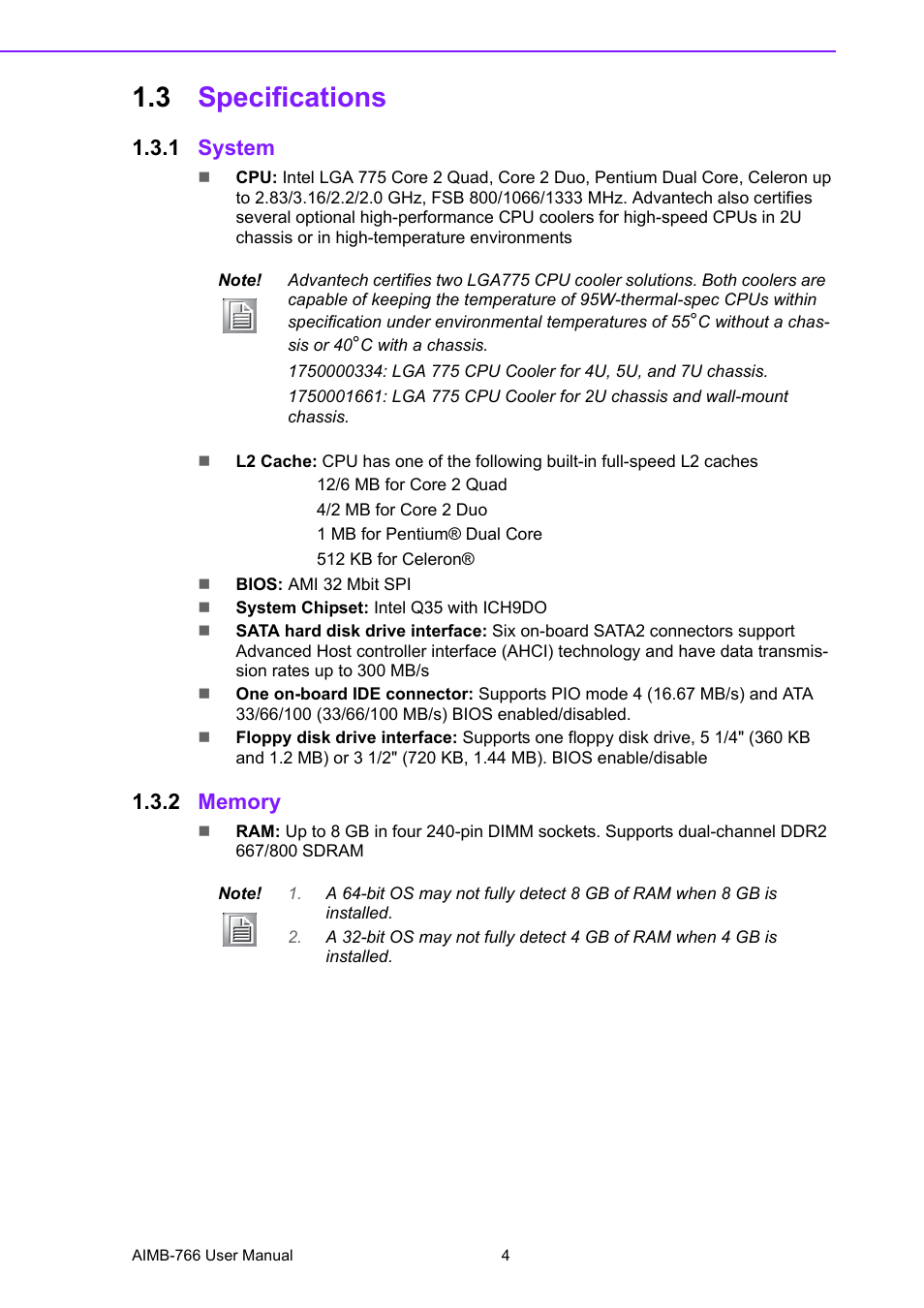 3 specifications, 1 system, 2 memory | Specifications 1.3.1, System, Memory | Advantech AIMB-766 User Manual | Page 16 / 118