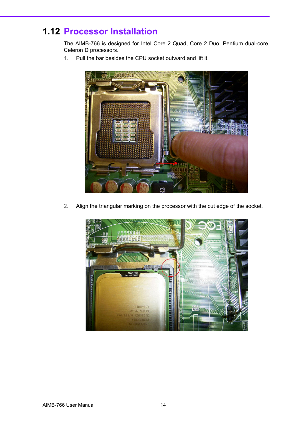 12 processor installation, Processor installation | Advantech AIMB-766 User Manual | Page 26 / 118