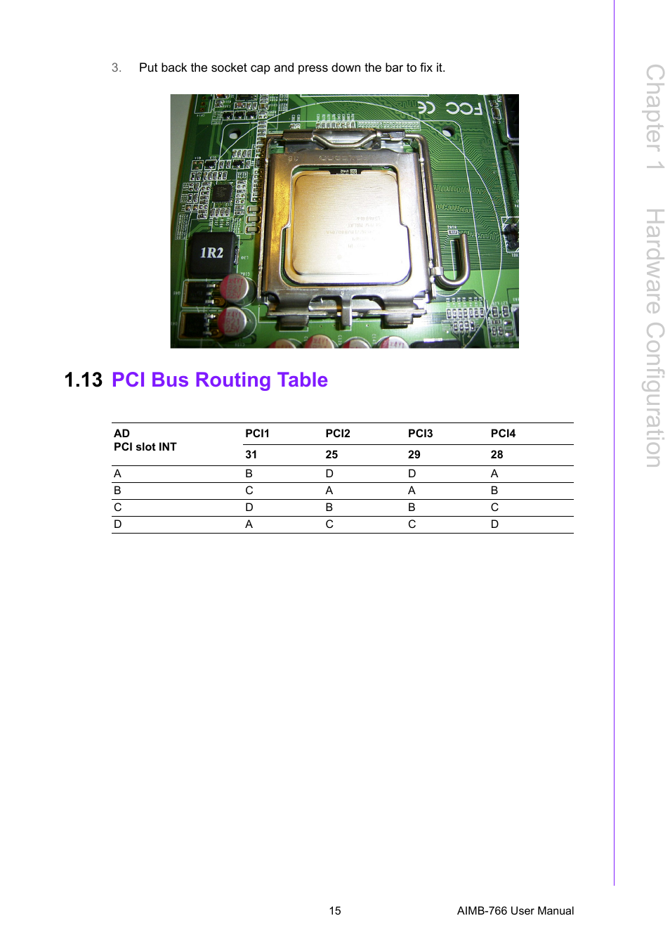 13 pci bus routing table, Pci bus routing table, Chapter 1 h ardware c onfiguration | Advantech AIMB-766 User Manual | Page 27 / 118