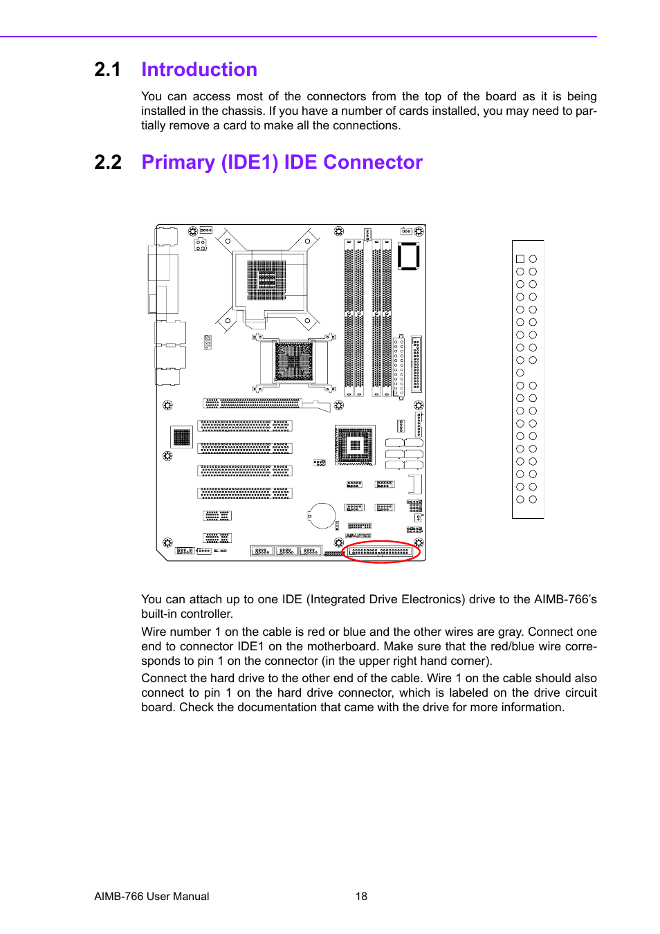 1 introduction, 2 primary (ide1) ide connector, Introduction | Primary (ide1) ide connector | Advantech AIMB-766 User Manual | Page 30 / 118