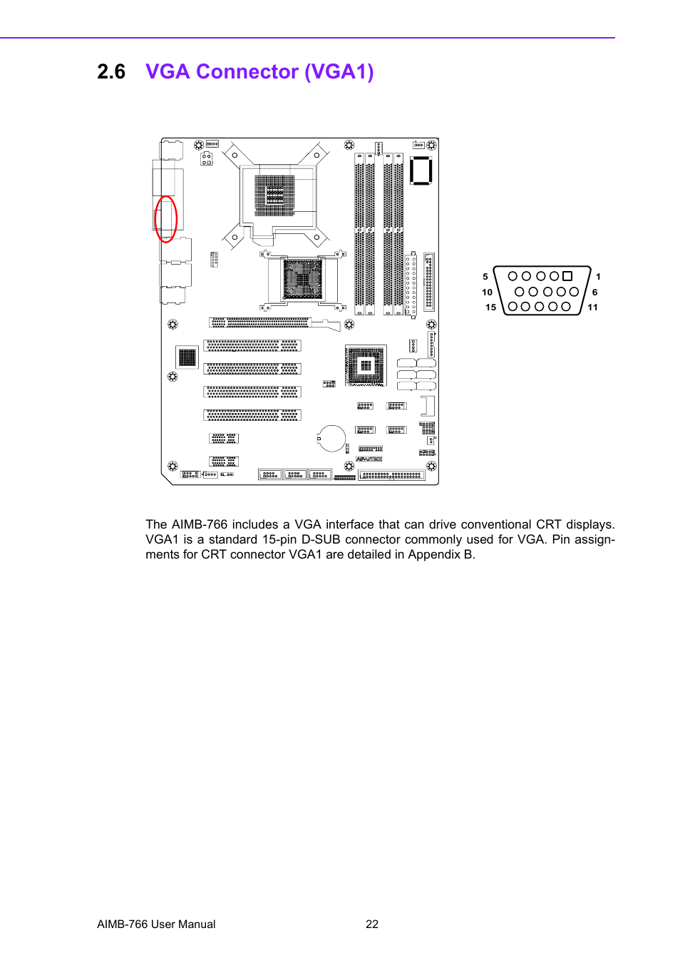 6 vga connector (vga1), Vga connector (vga1) | Advantech AIMB-766 User Manual | Page 34 / 118